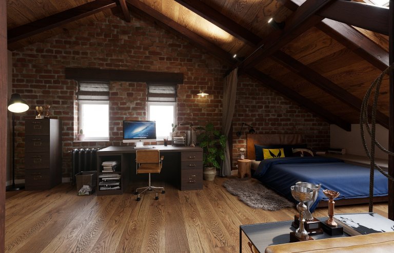 Architektonický návrh dětského pokoje s vlastní koupelnou.
