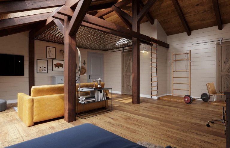 Architektonický návrh dětského pokoje s vlastní koupelnou.
