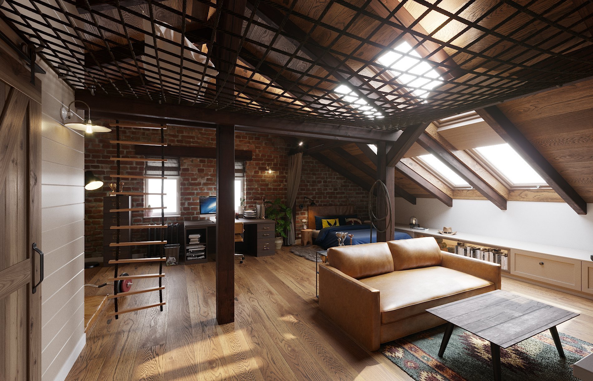 Architektonický návrh dětského pokoje s vlastní koupelnou.
