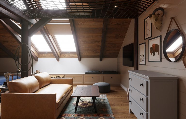Architektonický návrh dětského pokoje s vlastní koupelnou.
