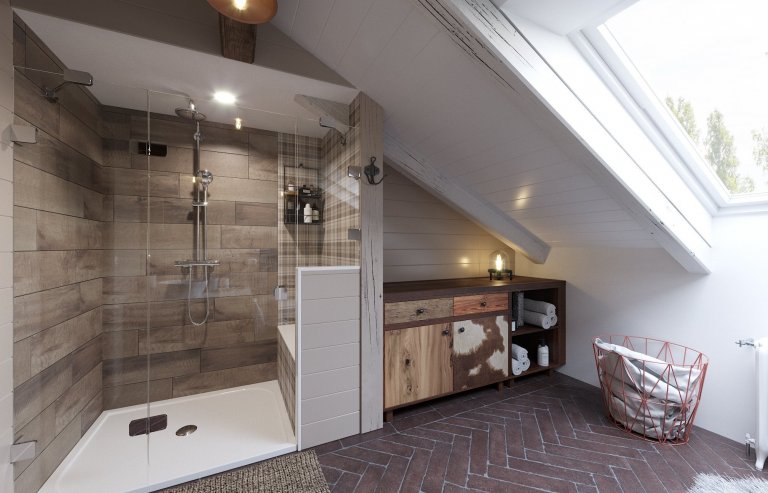 Architektonický návrh dětského pokoje s vlastní koupelnou.
