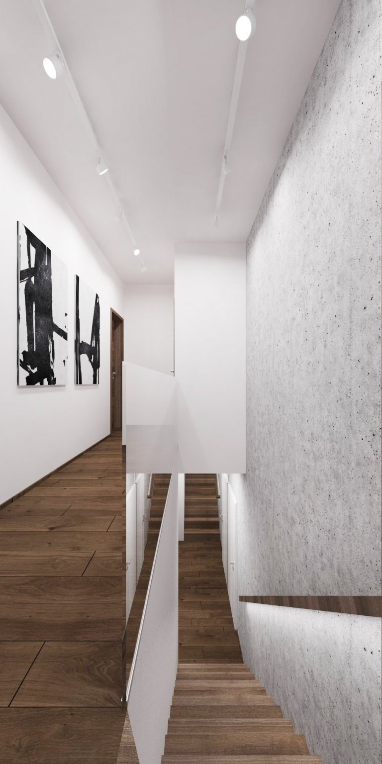 Minimalistický interiér s kontrastom dreva a mramoru.&nbsp;&nbsp;
