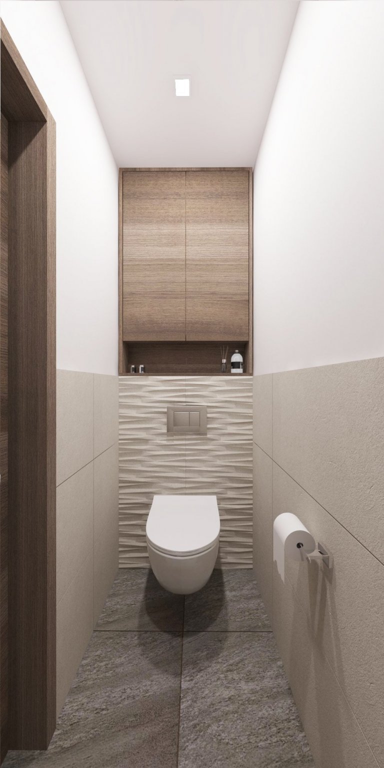 Minimalistický interiér s kontrastom dreva a mramoru.&nbsp;&nbsp;
