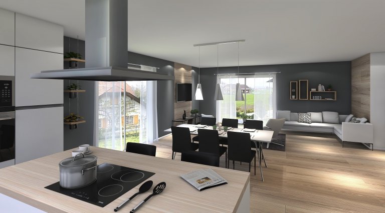 Patrová dřevostavba navržená v difuzně otevřené konstrukci. Prostorný dům je vhodný pro čtyř až pětičlennou rodinu. V&nbsp;přízemí se nachází velký obývací…