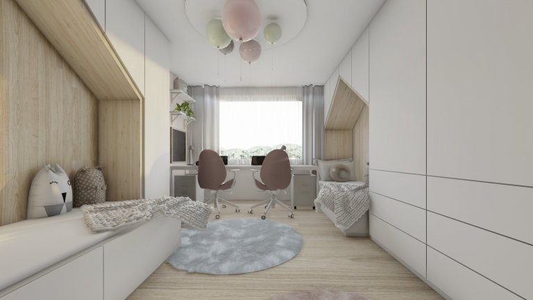 Dětské pokoje jsou navrženy pro malé děti, ale požadavek rodičů byl takový, aby byly pokoje pro děti zajímavé i&nbsp;v&nbsp;pozdějším věku, kdy budou žáci…