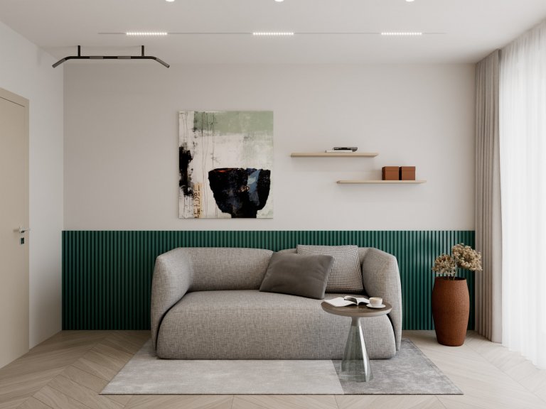 Moderný, elegantný, béžový, bledý, krásný bytový interiér. Návrh a realizácia na mieru zo štúdia PRUNUS.