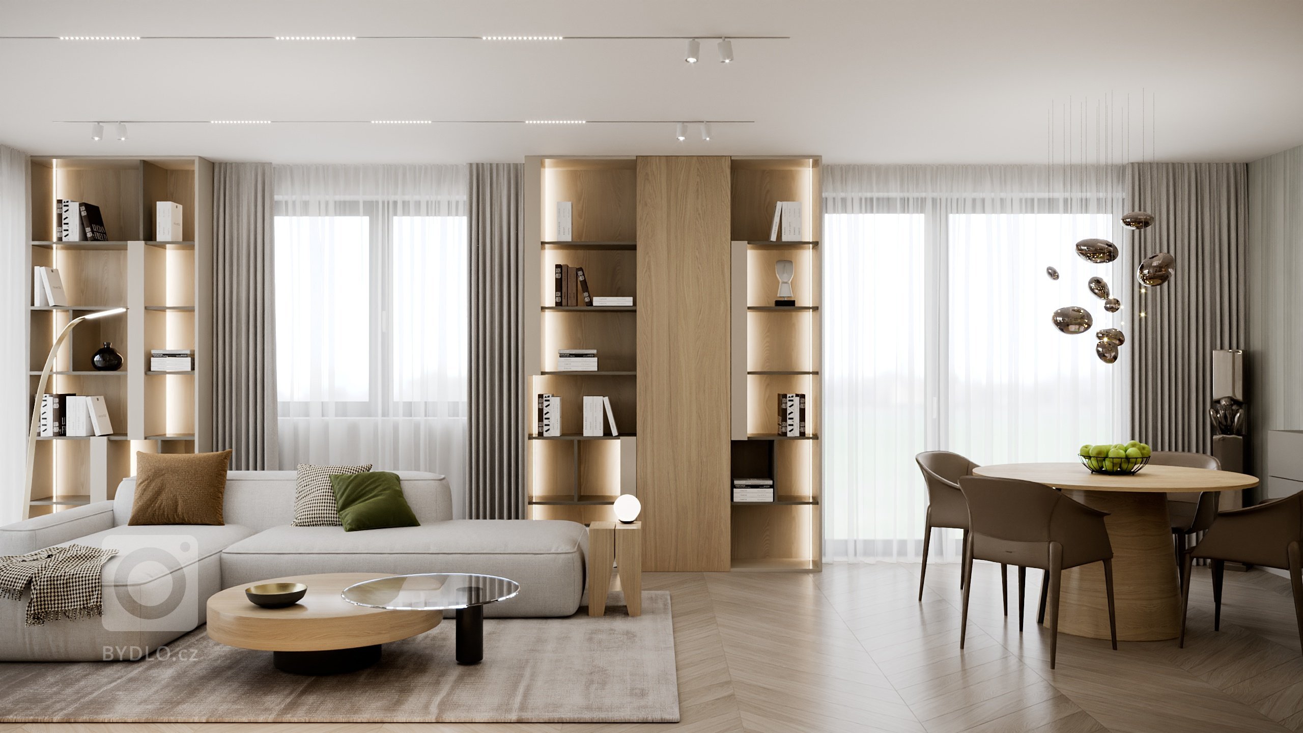 Moderný, elegantný, béžový, bledý, krásný bytový interiér. Návrh a realizácia na mieru zo štúdia PRUNUS.