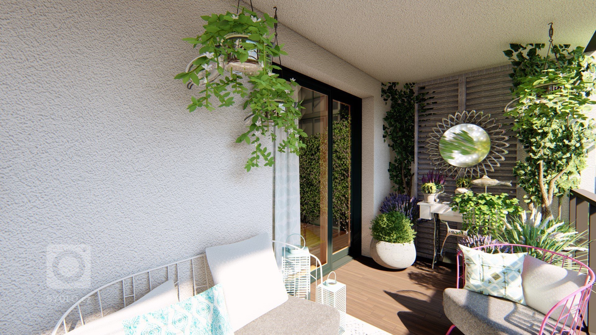 

Balkon je v současné době amatérsky upravený, nachází se na něm malé posezení, dekorace v podobě šicího stroje a několik květináčů a truhlíků se zelení.…