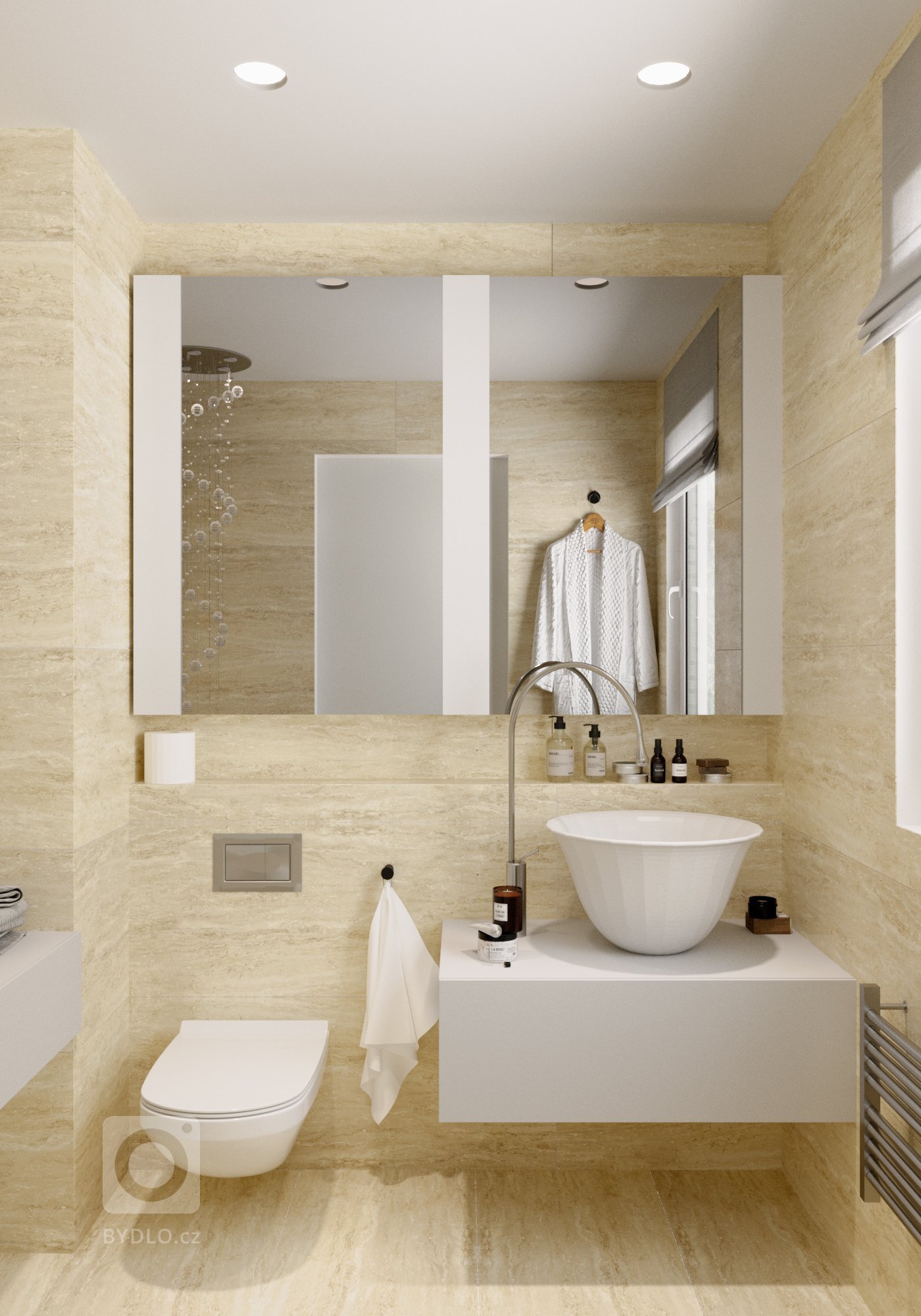 Stylové wc - obklad z travertinu, umyvadlo a baterie ze serie Gessi Gocia dodává místnosti wellness pocit a povyšuje wc místnost na vyšší úroveň.&nbsp;

…