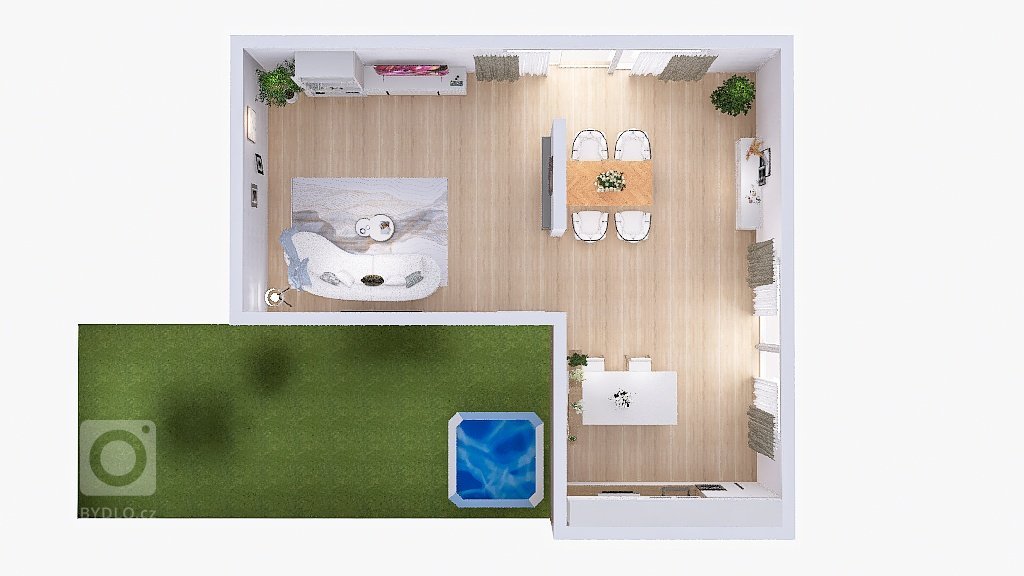 Vizualizace potencionálního budoucího stavu kuchyně, jídelny a&nbsp;obývacího pokoje po rekonstrukci. Důraz na prosvětlení a větší modernizaci oproti původnímu…