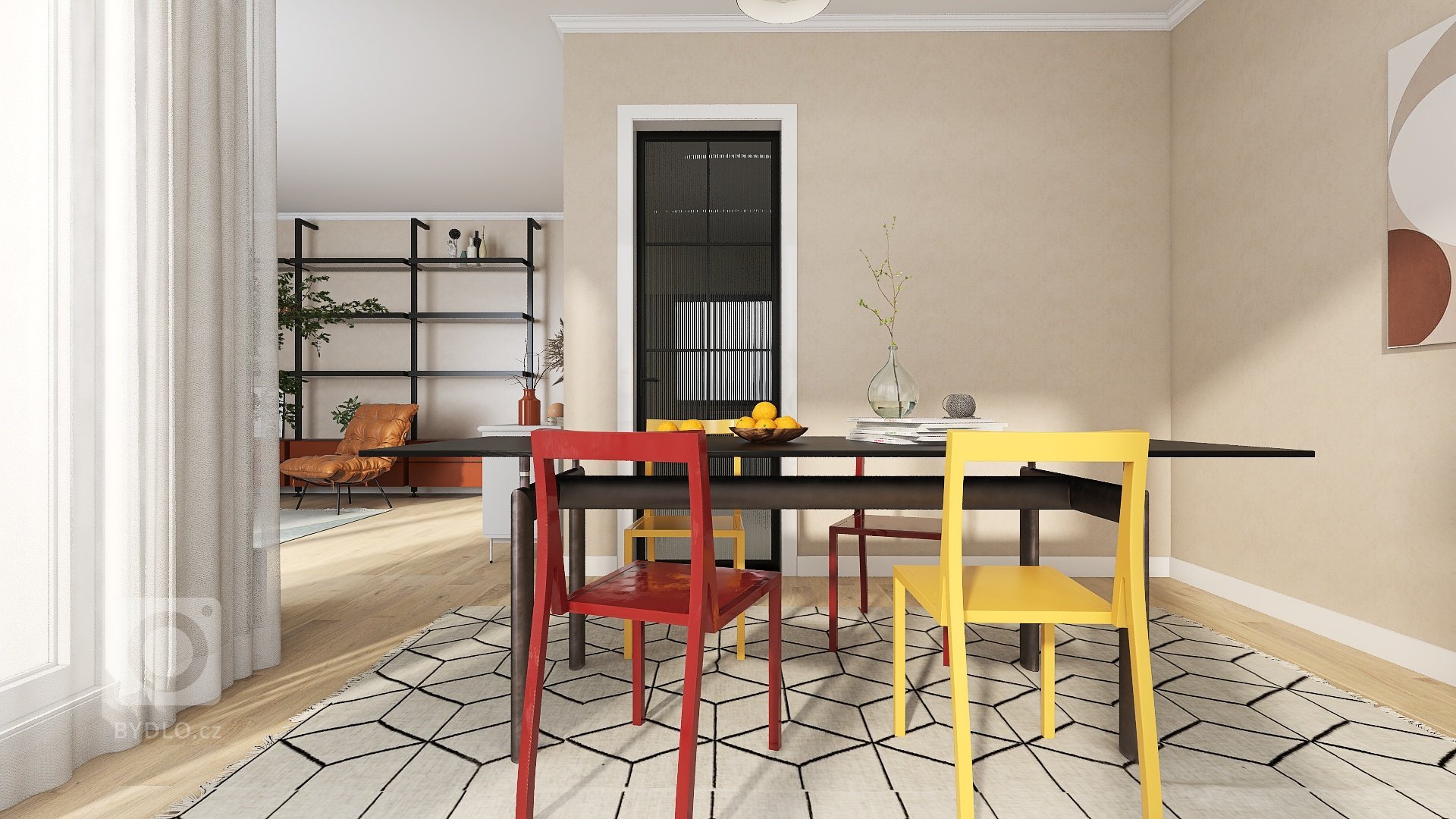 Provedení vizualizace podle předlohy klienta. Prosvětlený interiér, hravé a barevné prvky, originální kusy nábytku. Vizualizace provedená v částech kuchyně,…